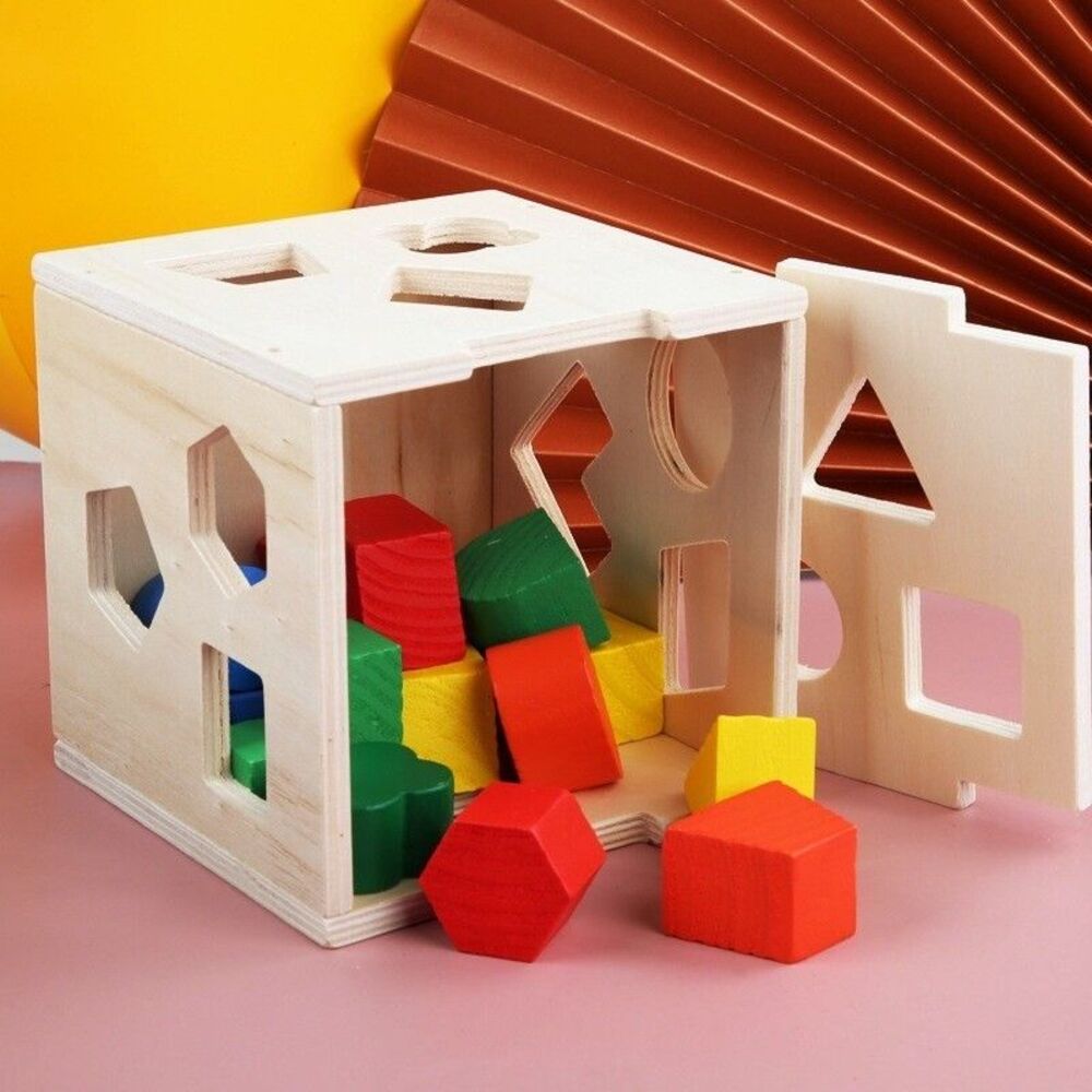 Wooden Shape Sorter Cube Toy – 15-Hole Intelligence Box – Montessori 3+